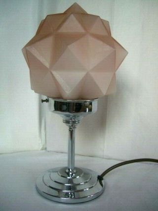 1930s Art Deco Table Desk Lamp Chrome Stem Pink Star Glass Shade