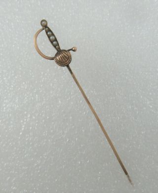 Antique Solid 14k Yellow Gold Sword Stick Pin With Seed Pearls Vintage