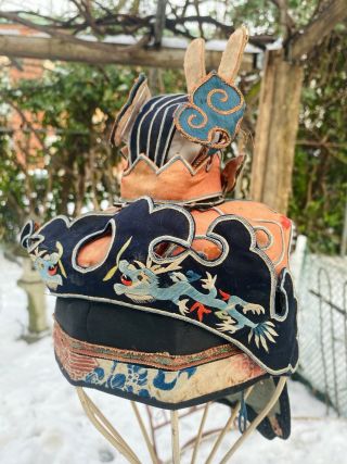 Antique Qing Dynasty Silk Child ' s Chinese Festival Hat with Embroidered Dragons 2