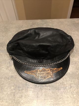 Vintage Harley Davidson Leather Cap W/chain - Size Xl -