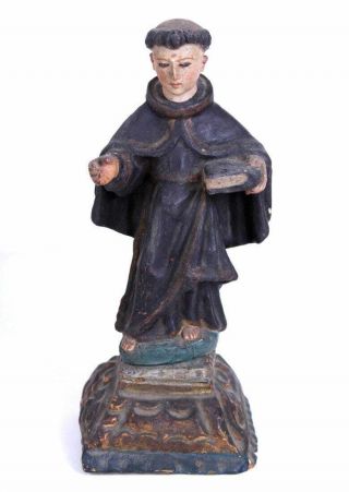 Antique Polychrome Carved Wooden Santos Priest / Monk Statue Figure