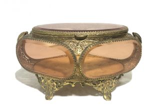Antique Beveled Glass Brass Gilt Casket Jewelry Box