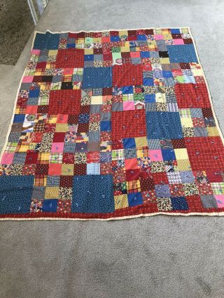 Vintage Handmade Square Patch Quilt Large Throw 60” X 60” Bright Colors