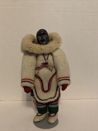 Antique Inuit Eskimo Carved Soapstone Head Doll With Wool Clothing