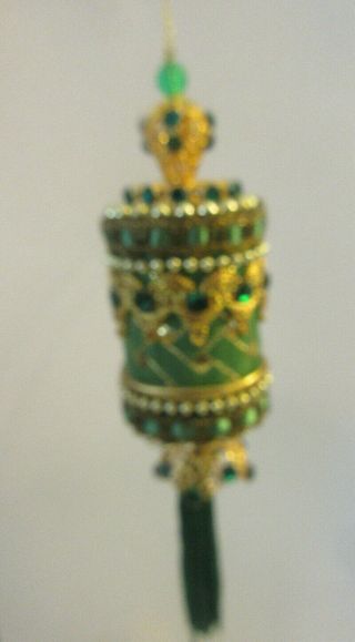 Vintage Ornate Handmade Spool Jeweled Beaded Christmas Ornament Green And Gold