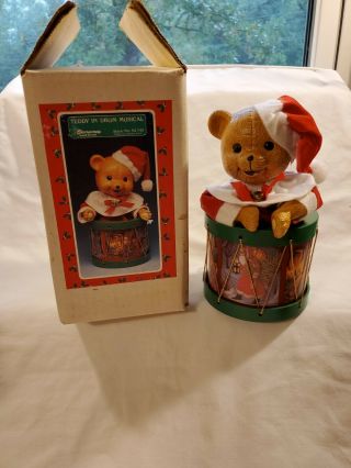 Vintage Christmas Around The World Animated Santa Teddy Bear In Drum Music Box