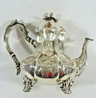 Ornate Antique Victorian Repousse Silver Plate Floral Teapot Grape Leaf Finial