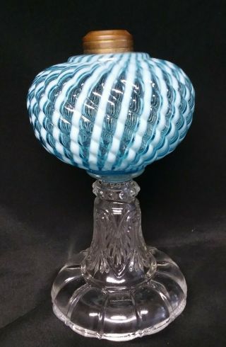 Antique 1880 ' s Shelton Blue Diagonal Opalescent Stripe & Spiral Font Oil Lamp 2