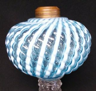 Antique 1880 ' s Shelton Blue Diagonal Opalescent Stripe & Spiral Font Oil Lamp 3