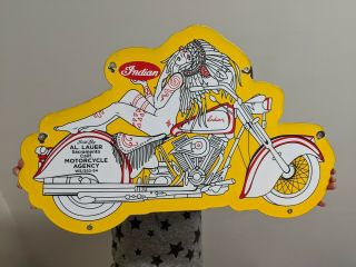 Large Vintage Indian Motorcycles Porcelain Enamel Advertising Sign Die Cut Gas