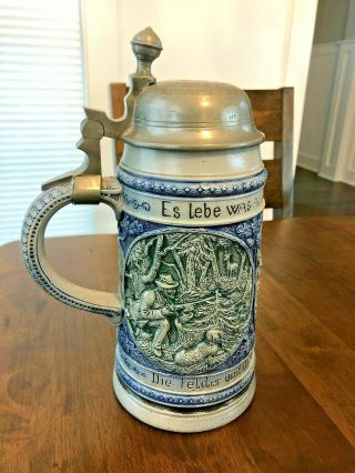 1899 Antique Lidded German Blue Gray Stoneware Beer Stein Hunting Dog Hunter