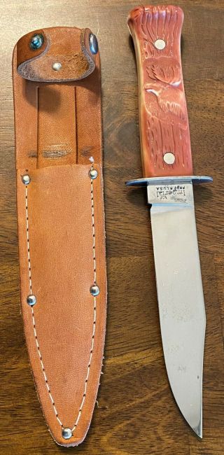 Vintage Fixed Blade Imperial Knife W/ Sheath Caribou On Handle