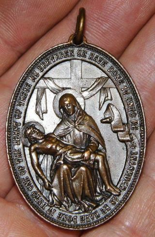 Large Antique Bronze Holy Medal Guild Of St.  Barnabas & Pieta