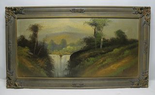 Antique 19th C Hudson River School Oil On Board Painting Mountain Waterfalls Yqz
