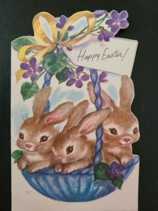 Vtg Rust Craft Easter Greeting Card Diecut Sweet Bunnies Basket 1950s (m.  Cooper?