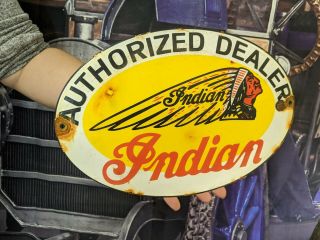 Old Vintage Oval Indian Motorcycles Porcelain Dealer Advertising Sign Gas & Oil