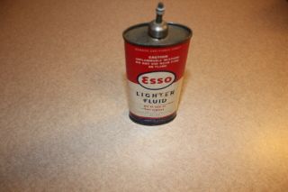 Vintage Esso 4 Oz Oval Lighter Fluid Tin With Lead Spout & Cap Sign Oil Can -
