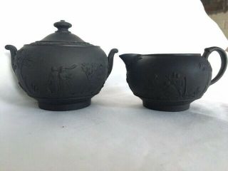 Antique Wedgwood Jasperware Black Basalt Creamer And Sugar Bowl
