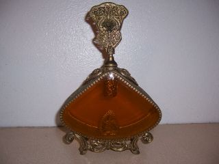 Lg.  Vintage Brass & Amber Glass Vanity Perfume Bottle