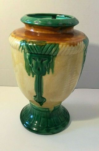 Vintage Art Pottery Deco Urn Style Gold,  Green & Amber Color Vase 10 1/2 " Tall