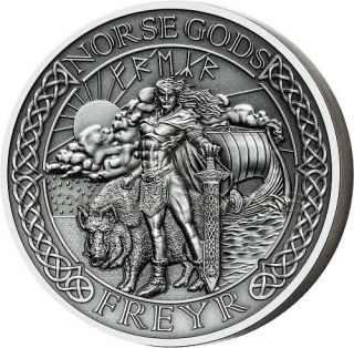 The Norse Gods - Freyr 2 Oz Antique Finish Silver Coin Cook Islands