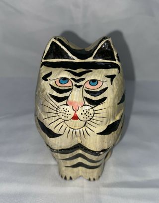 Vintage Cat Trinket Box Lacquer Wood Hand Painted 3 3/4” High