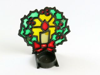 Vintage Stained Glass Christmas Wreath Candle Holder,  Cast Iron,  Votive,  6 " Tall