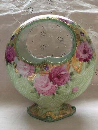 Antique Nippon Hand Painted Pink Roses And Gold Gorgeous Moon Shaped Vase