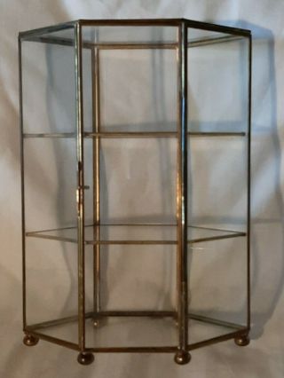 Vtg Large Flower Casket Display Case Brass & Glass 3 Tiered Curio Cabinet