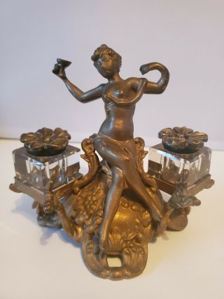 Antique Victorian Art Nouveau Lady Inkwell Bronze Ornate Brass Glass Flowers