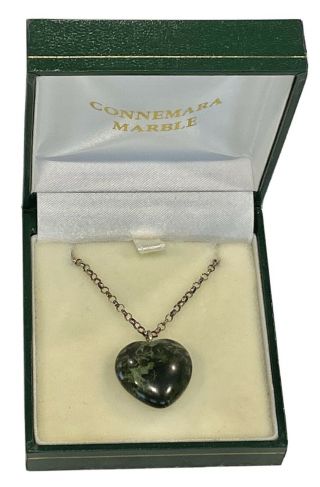 Vintage Sterling Irish Green Connemara Marble Heart Pendant Necklace 18”