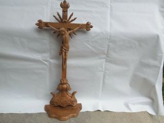 Altar Crucifix Standing Cross Wood Carving Antique Wooden Jesus Christ 24 1/2 "