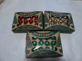 3 Dozen Vintage 1 " Shiny Brite,  Green,  Silver,  Red Glass Ball Ornaments