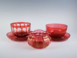 Antique Handblown Cranberry Glass Finger Bowls Underplates & Ruffled Rim Bowl