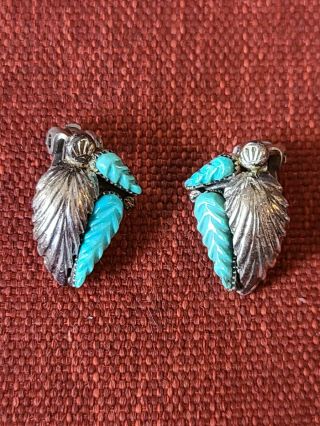 Vintage Sterling Silver Zuni Native American Clip On Turquoise Earrings Signed