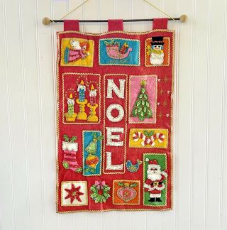 Vintage Christmas Wall Hanging Banner Bucilla Red Felt Applique Sequin Noel Tree