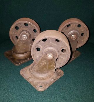 3 Antique Industrial Factory Casters Cast Iron Steampunk Heavy Duty Cart Wheels