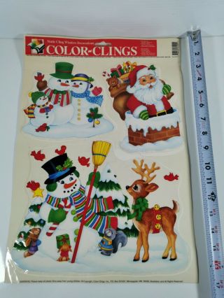 Vintage Window Vinyl Decals Christmas Santa Snowman Reindeer Color Clings 1996
