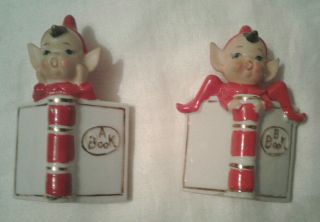 Vintage Set Of 2 Ceramic Christmas Elf On A Book Figurines