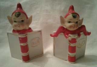 Vintage Set of 2 Ceramic Christmas Elf on a Book Figurines 2
