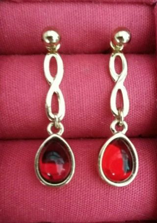 Vintage Avon Gold Plated Red Glass Cabochon Drop Pierced Earrings