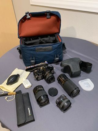 Vintage Yashica Fx - 3 35 Mm Film Camera With Lenses,  Bag,  And Accessories