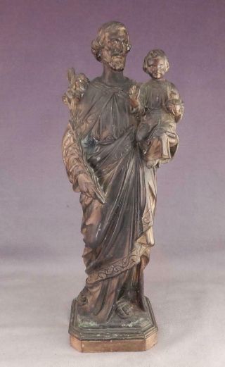 Antique French Sculpture St.  Joseph Holding Christ Child Sgned Dsr Bronze Finish