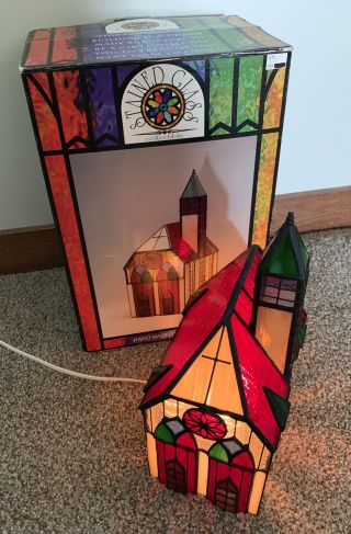Vintage Tiffany Style All Stained Glass Christmas Church Lamp 11” Tall.