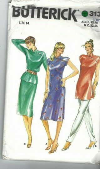 Butterick Pattern 3133,  Vintage " Cheongsam " Style Dress Tunic Top Skirt,  Size 14