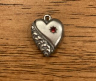 Vintage Sterling Puffy Heart Charm With Star Inset Red Stone