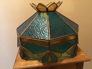 Antique Brass And Leaded Glass Blue And Gold Lamp Light Shade
