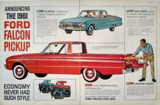 1961 Ford Falcon Pickup Car Art Red Large 2 Page Vintage Print Ad