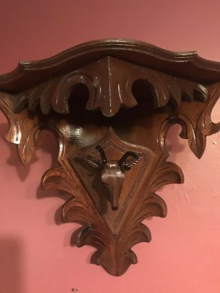 Antique Victorian Walnut Carved Corner Shelf With Carved Elk