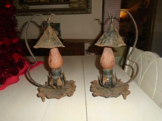 Pair Antique Old Metal Mission Era Arts & and Crafts Lamp Night Light Fixture 2